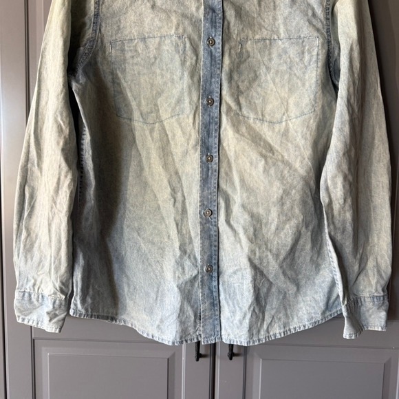 AMERICANINO Italy Mens Blue Acid Wash Band Collar Button Up L/S Shirt, Blue,S - Picture 4 of 10